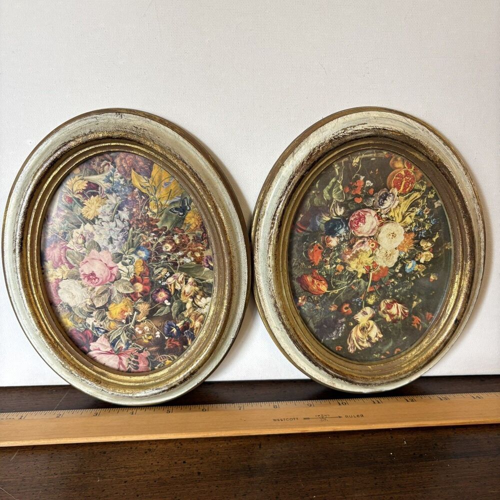 Norleans Handmade Italy Oval Frames w/ Glass Floral Print Gold Gilt Antiqued